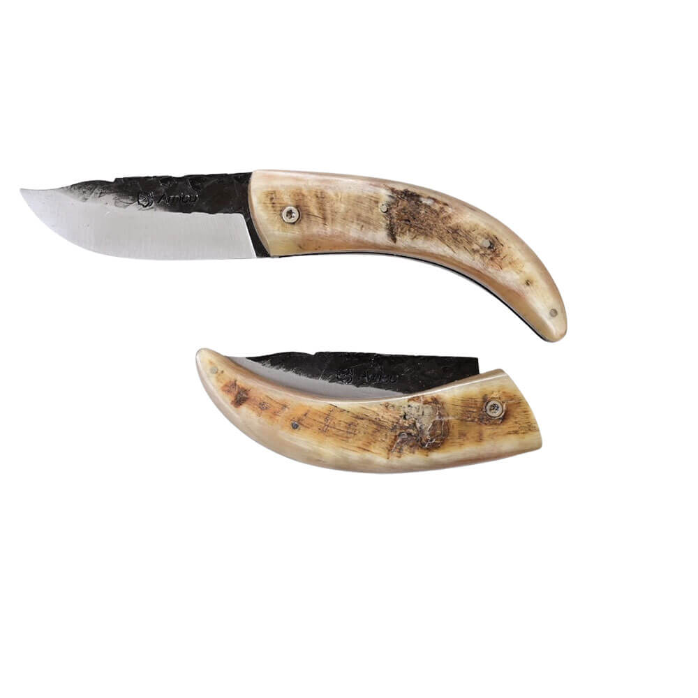 Couteau Pliant Amicu Corne de Bélier Lame Martelée - Au Sabot