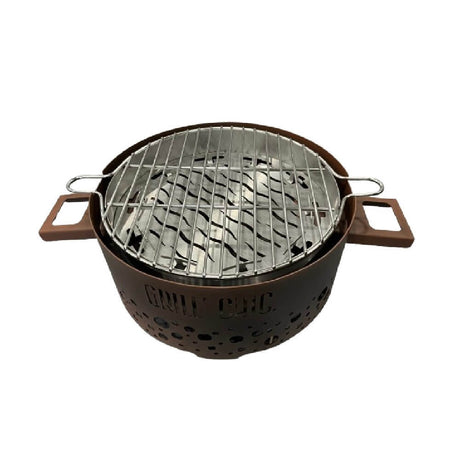 Barbecue de table au charbon imitation corten avec grille en inox. Design élégant et robuste.