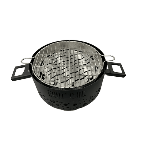 Barbecue de table au charbon en noir mat, équipé d'une grille en acier inoxydable.