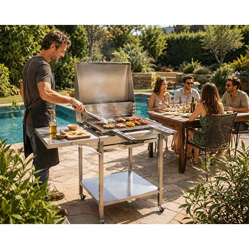 Barbecue Inox Charbon avec Chariot et Couvercle - PLANCHA TONIO promotion