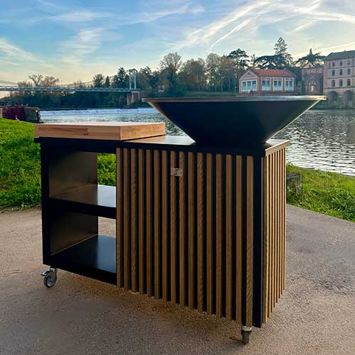 Brasero AVEIRO en acier - JUNTO étagère de stockage, déplacement facile grâce à ses roulettes