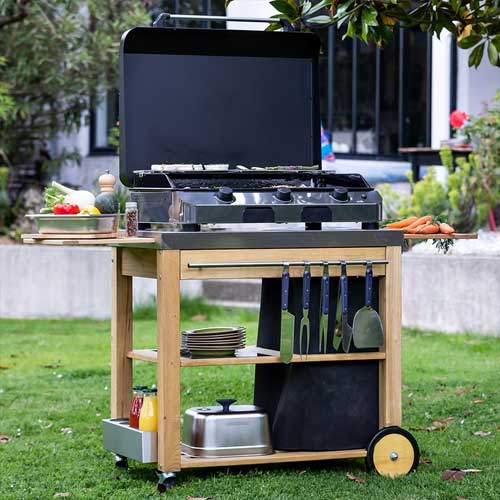 Chariot MOBILOT bois et inox pour plancha - ENO jardin extérieur profiter l'été en famille ou entre amis