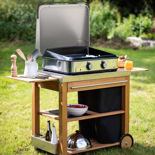 Chariot MOBILOT bois et inox pour plancha - ENO accessoires et nombreux rangements pour bouteille de gaz ou ustensiles