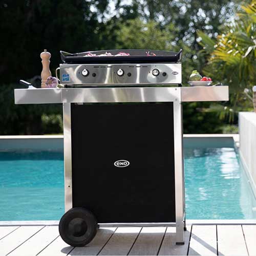 Chariot OSCAR inox et noir pour plancha - ENO roues, tablettes fixes et cache bouteille, espace de rangement