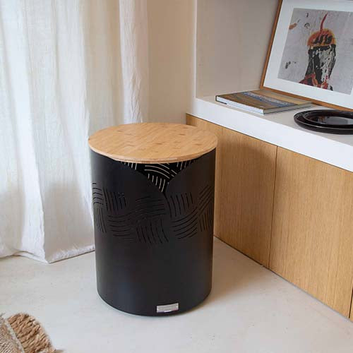 Coffre à granulés Essentiel rond avec couvercle bambou - LE MARQUIER décoration ambiance feu