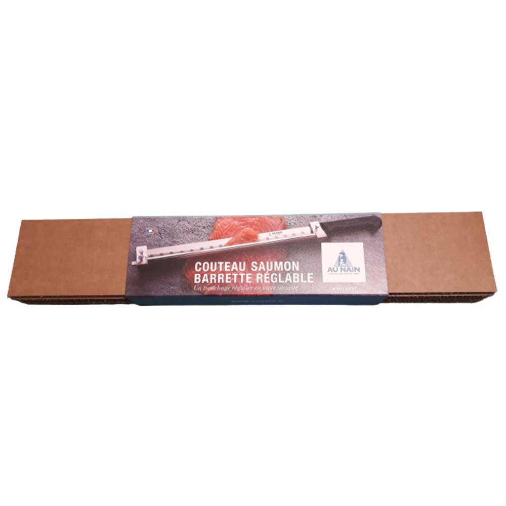 Couteau pour saumon tranches fines avec barrette réglable manche en bois - Au Nain pour professionnel et poissonnerie