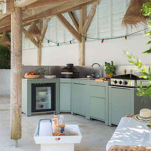 Cuisine COMFORT 5 Modules Vert Sauge - ENO cuisine d'été extérieure complète angle
