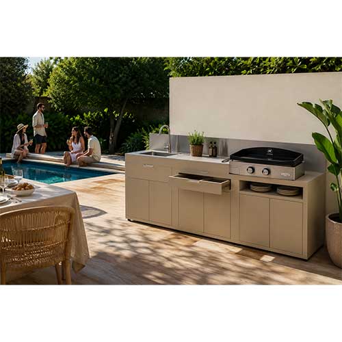 Cuisine 3 Eléments Tiroir Taupe Crédence inox - LE MARQUIER en promo