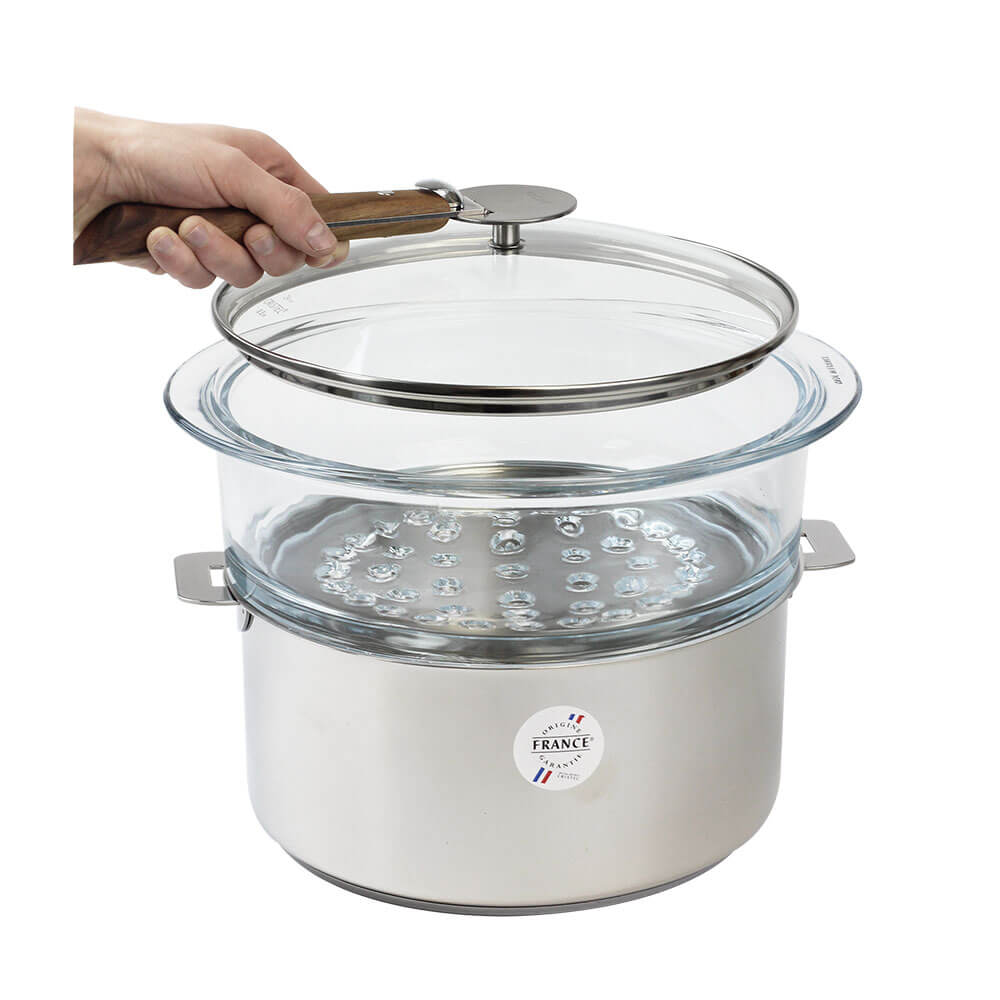 Cuit-vapeur verre avec couvercle OFFERT - CRISTEL avec le couvercle soulevé