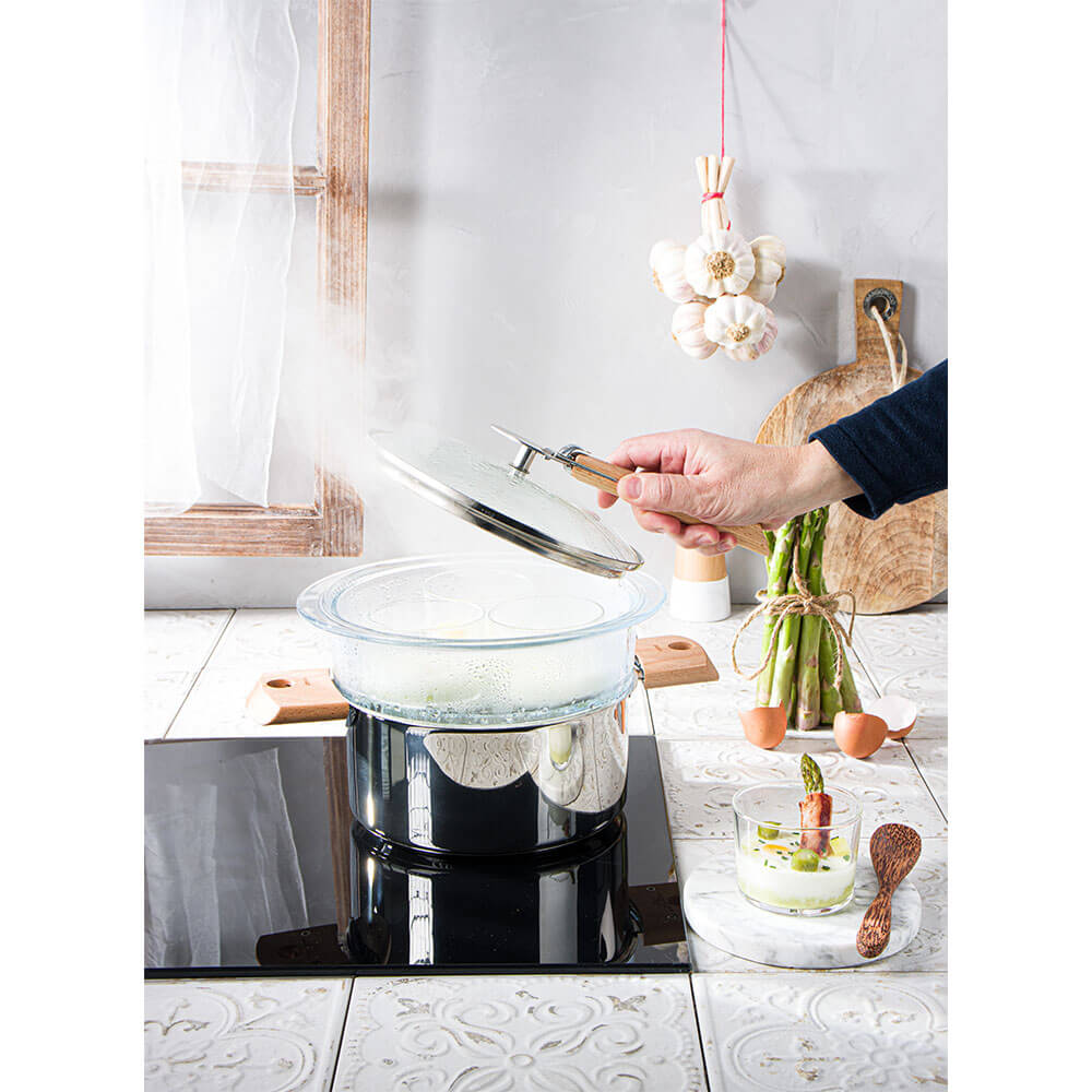 Cuit-vapeur verre avec couvercle OFFERT - CRISTEL avec le couvercle ouvert