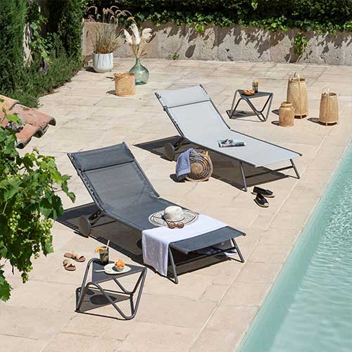 Lit bain de soleil Miami II toile Batyline DUO - LAFUMA roues piscine