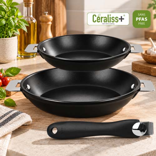 Lot de 2 poêles Cookway avec poignée amovible – Revêtement céramique Céraliss®+ CRISTEL Offre