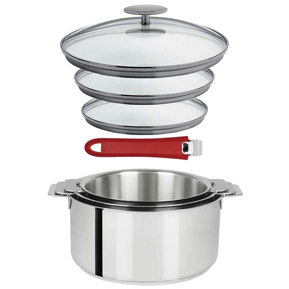 Lot 3 Casseroles inox Mutine avec Poignée et Couvercles - CRISTEL couleur rouge framboise