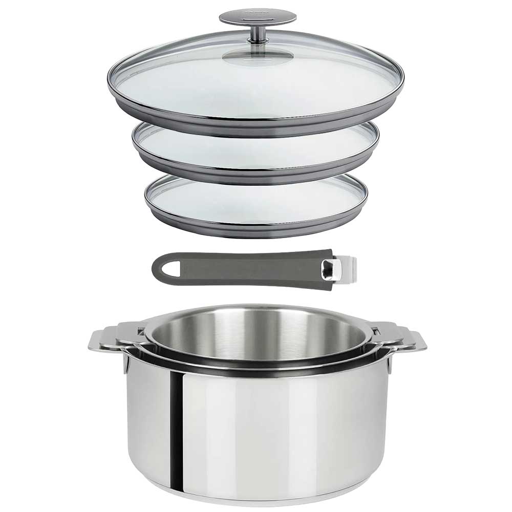 Lot 3 Casseroles inox Mutine avec Poignée et Couvercles - CRISTEL couleur gris