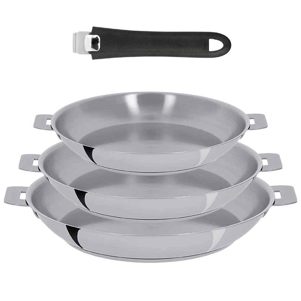 Lot de 3 Poêles inox Mutine poignée amovible OFFERTE - CRISTEL