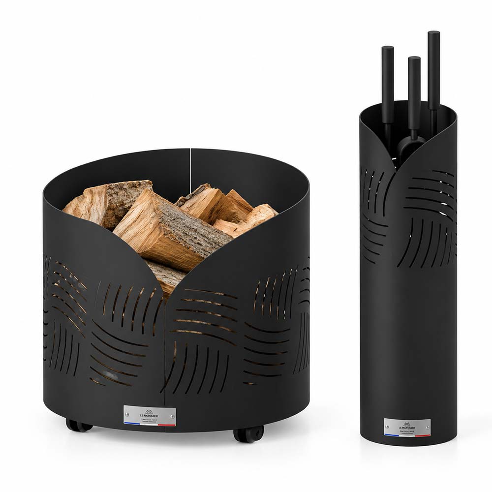 Lot serviteur de cheminée et range-bûches rond à roulettes Essentiel noir – LE MARQUIER