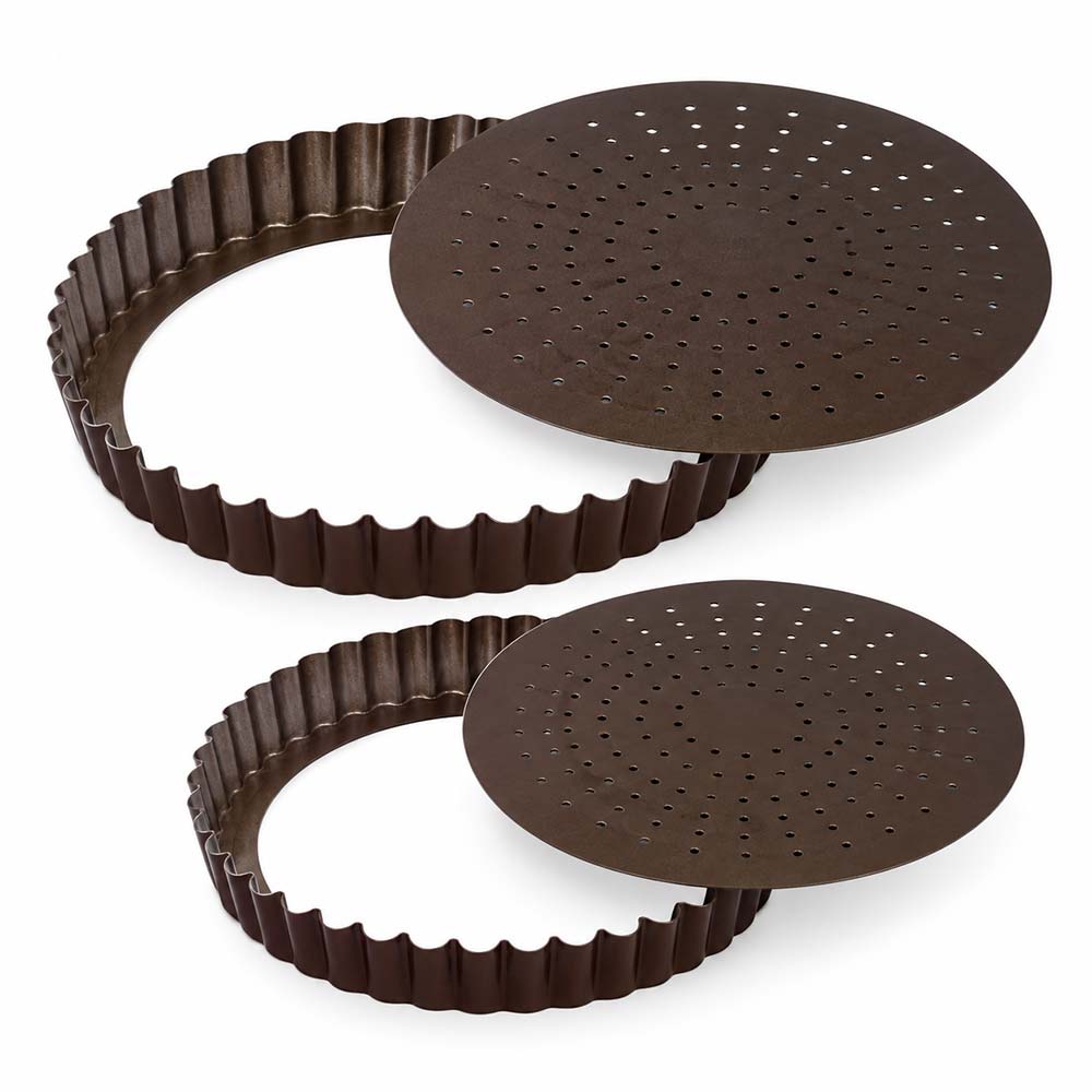 Lot 2 tourtières ronde cannelée perforée antiadhérente 24cm et 28 cm- GOBEL