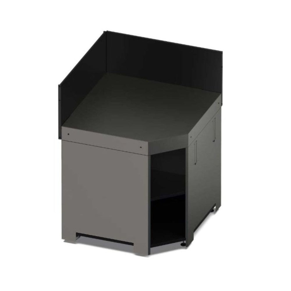 Meuble d'angle pour cuisine extérieure en acier galvanisé thermolaqué gris cargo, avec crédence et étagère de rangement intégrée. Idéal pour optimiser l'espace et structurer une cuisine extérieure.