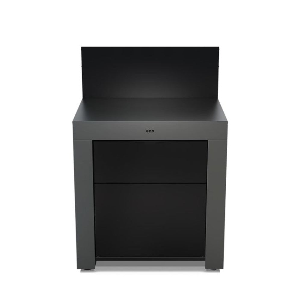 Module plan de travail extérieur avec tiroirs 80 cm Gris Cargo - ENO, en acier galvanisé thermolaqué, avec crédence haute et rangements intégrés.