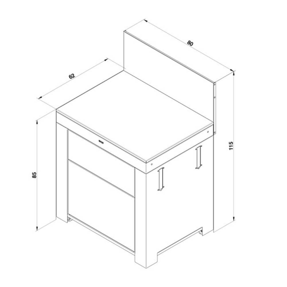 Schéma technique du meuble plan de travail MODULO 2 tiroirs ENO avec dimensions (80x62x115 cm), poignées latérales et structure en inox et acier thermolaqué.