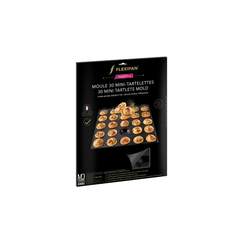Packaging du moule 30 mini-tartelettes Flexipan DEMARLE avec tartelettes apéritives