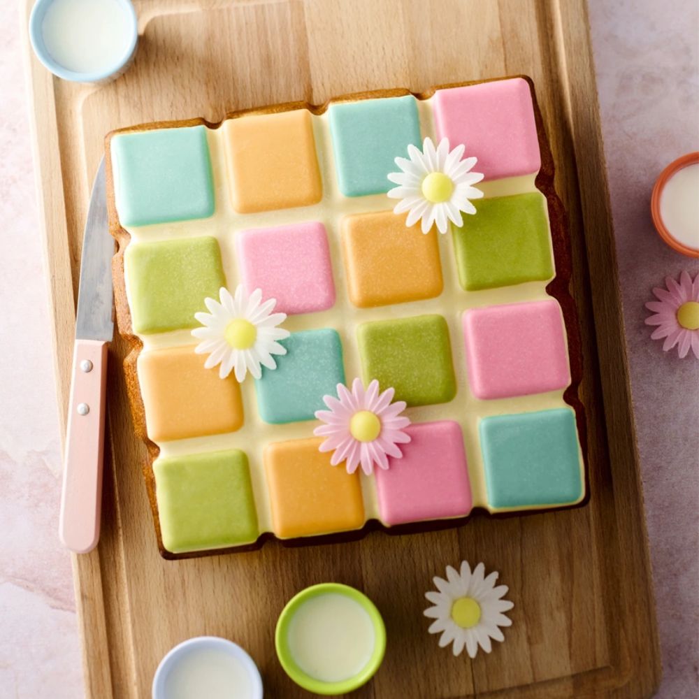Gâteau coloré en forme de tablette réalisé avec le moule DEMARLE