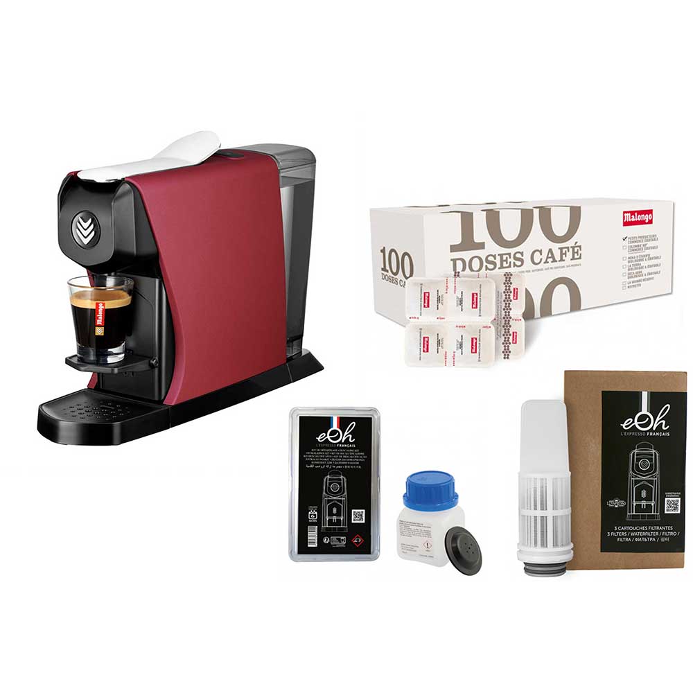 Pack Tranquillité Machine à café EOH avec accessoires et café - MALONGO Rouge Bordeaux