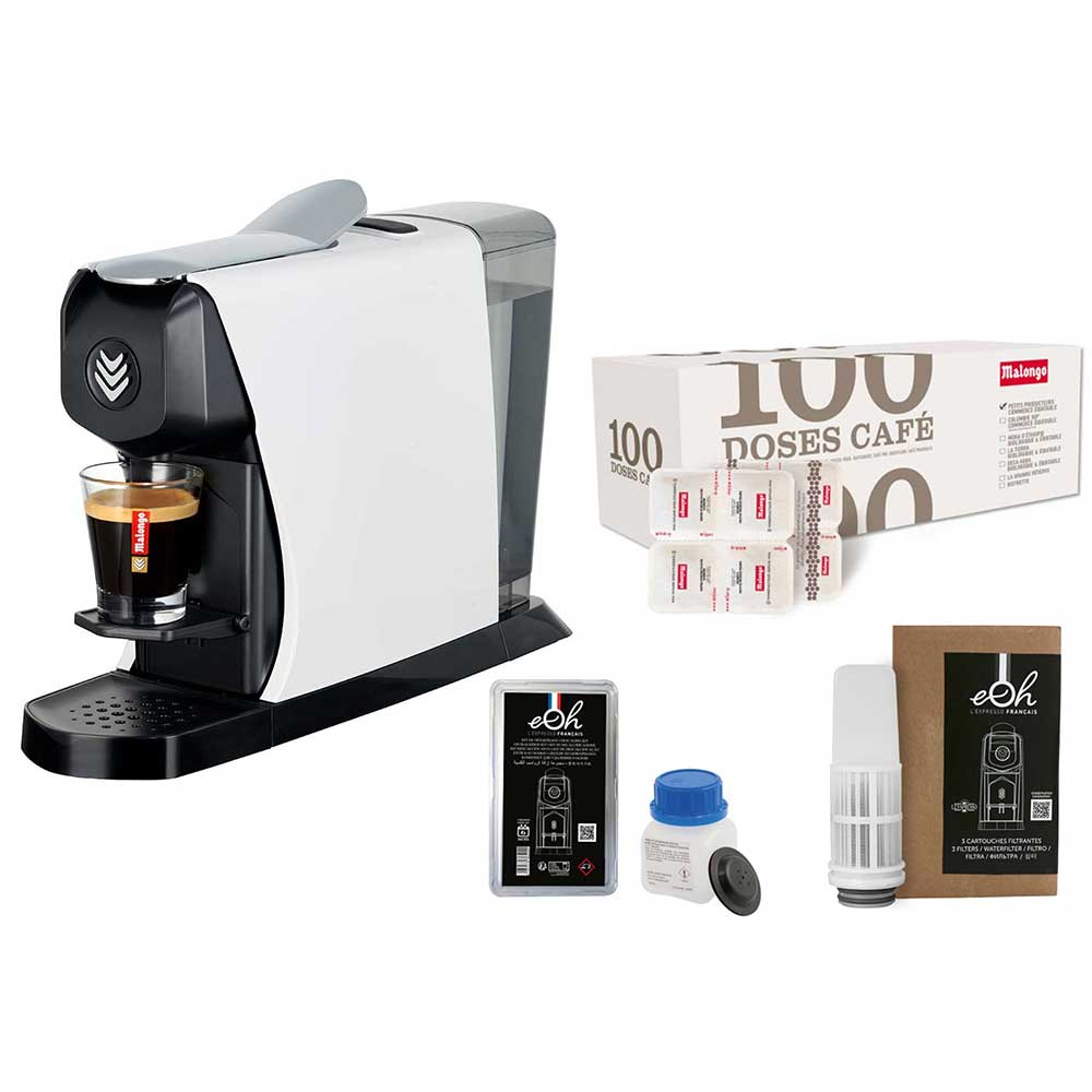 Pack Tranquillité Machine à café EOH blanc brillant avec accessoires et café - MALONGO