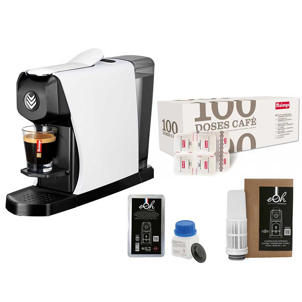 Pack Tranquillité Machine à café EOH blanc mat avec accessoires et café - MALONGO