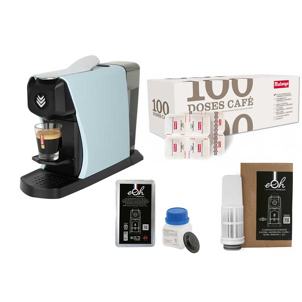 Pack Tranquillité Machine à café EOH Bleu pastel avec accessoires et café - MALONGO