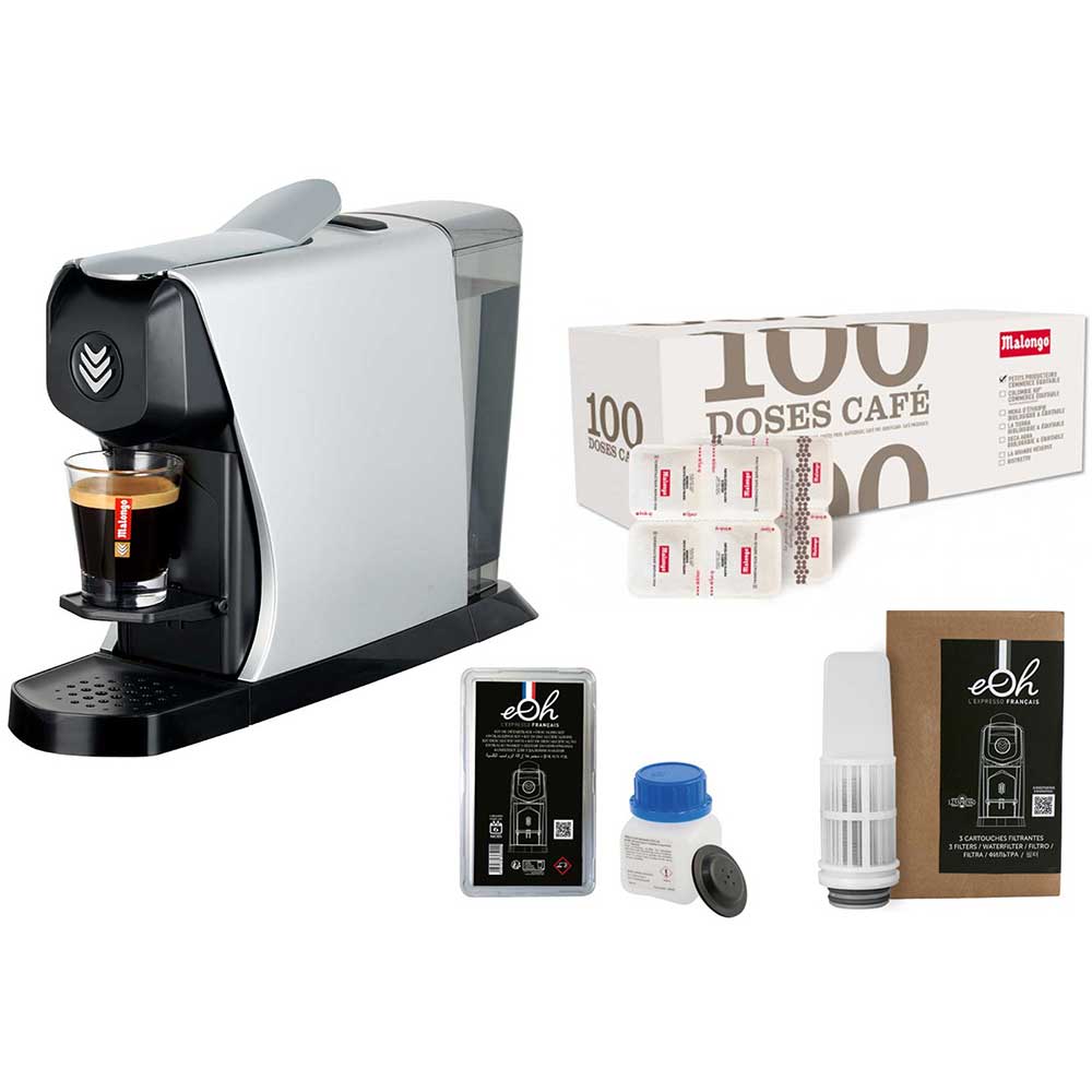 Pack Tranquillité Machine à café EOH Gris brillant avec accessoires et café - MALONGO