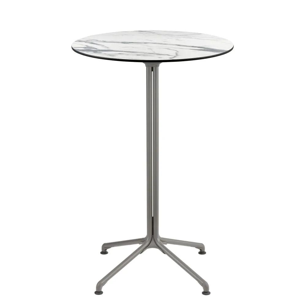 Pied de table LAFUMA HORIZON hauteur haute avec plateau rond marbré, finition titane.