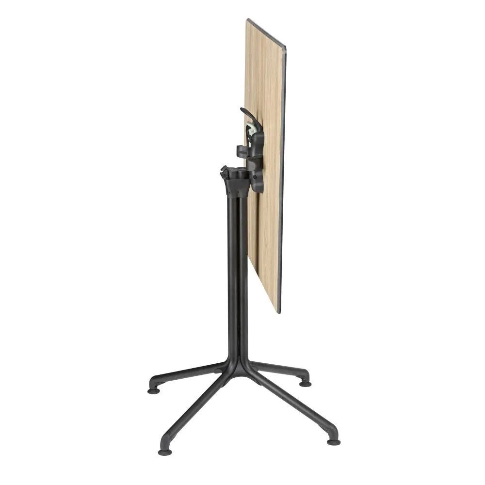 Pied de table central LAFUMA noir avec plateau bois replié, vue latérale.