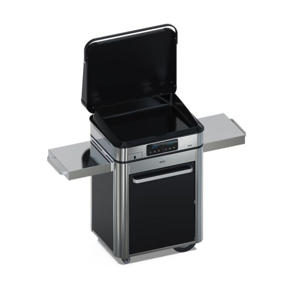 Plancha Électrique ENOSIGN 65 sur chariot inox avec tablettes coulissantes.