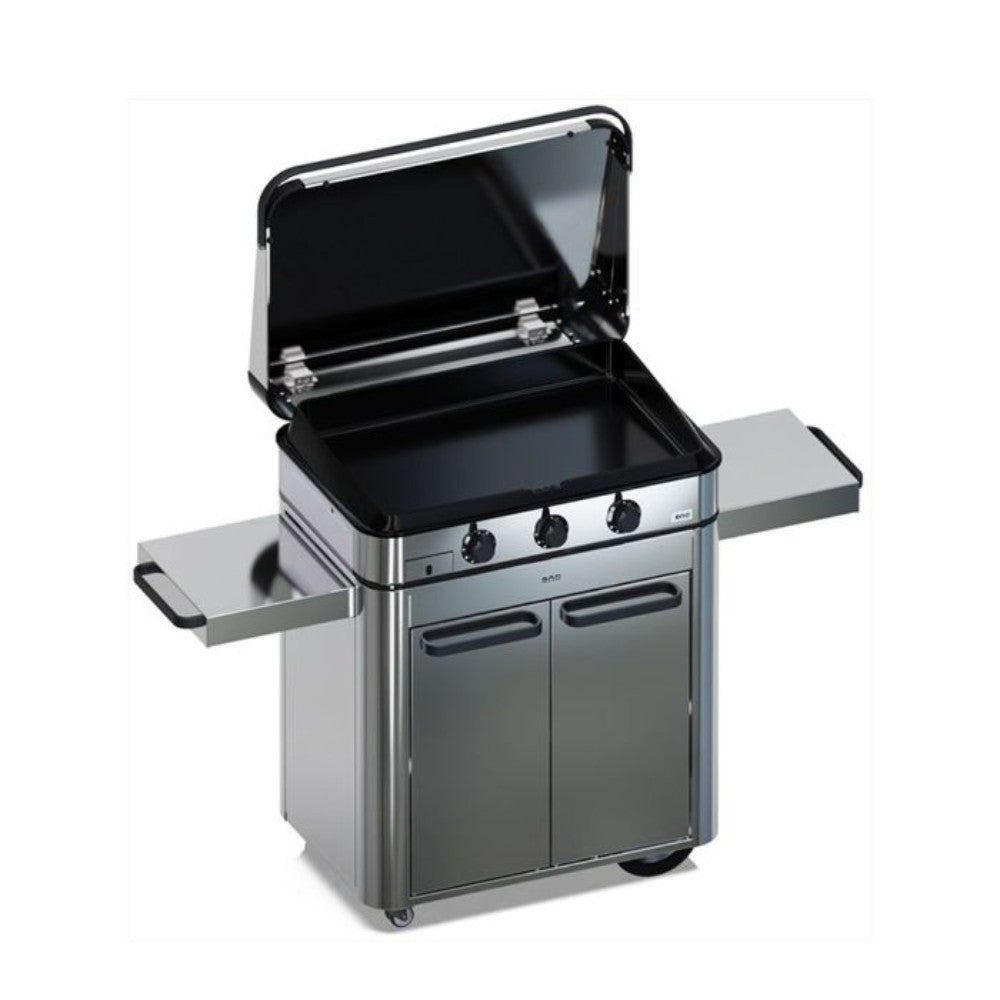 Plancha gaz Enosign 80 sur chariot inox avec capot ouvert et tablettes latérales déployées. Design élégant et finitions haut de gamme pour une cuisson extérieure optimale.