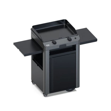 Plancha Fusion 60 sur chariot avec tablettes rabattables et rangement intégré.