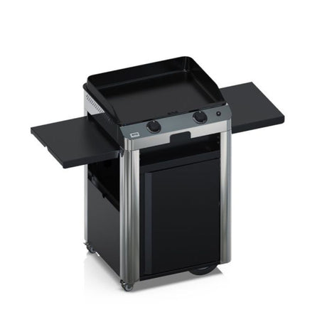 Plancha Fusion 60 sur chariot inox avec tablettes déployées et rangement intégré.