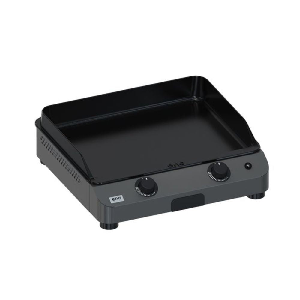 Plancha Gaz Fusion 60 en fonte émaillée avec deux brûleurs et châssis gris cargo.