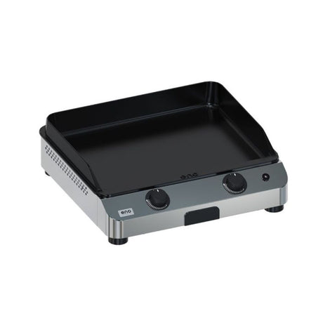 Plancha Gaz Fusion 60 Inox avec deux brûleurs et plaque en fonte émaillée.