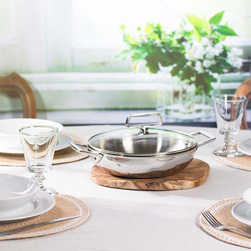 Plat Sautoir Inox Castel'Pro avec couvercle  en verre - CRISTEL service et cuisson
