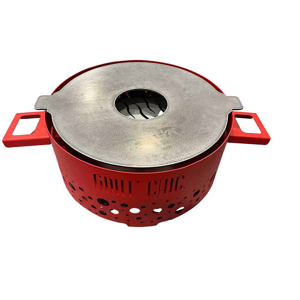 Brasero de table Grill'Chic en métal rouge avec plaque de cuisson circulaire en acier.