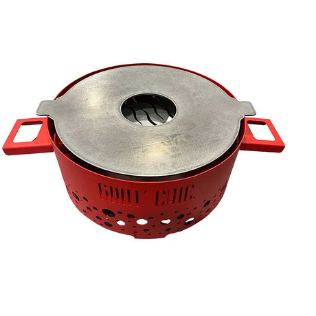 Brasero de table Grill'Chic en métal rouge avec plaque de cuisson circulaire en acier.