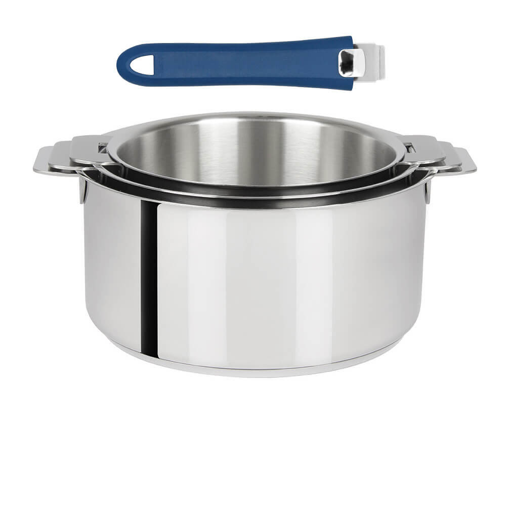 Série de 3 Casseroles Mutine Cristel poignée amovible avec 1 poignée Mutine Bleu OFFERTE