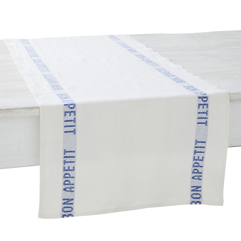 Chemin de table Bon Appetit bleu et blanc - Charvet Editions