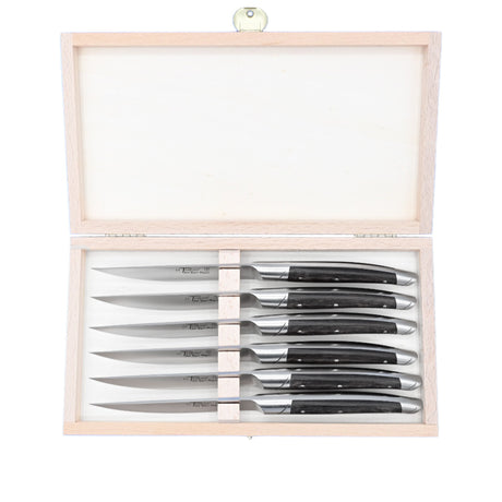 Coffret en bois contenant 6 couteaux avantage avec manche paperstone couleur mocha de la coutellerie Goyon-Chazeau
