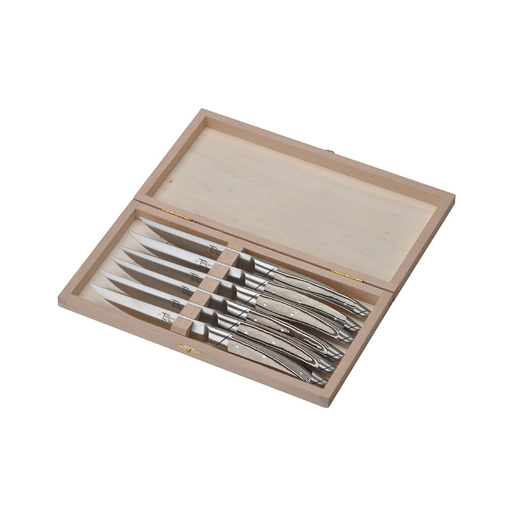 Coffret en bois contenant 6 couteaux avantage avec manche paperstone couleur sable de la coutellerie Goyon-Chazeau