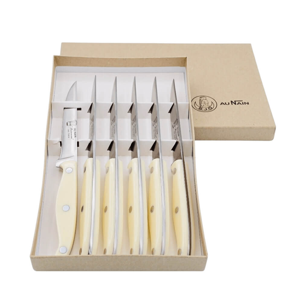 Coffret de 6 couteaux à steak de la collection Bistronome avec manche de couleur ivoire de la coutellerie Au Nain