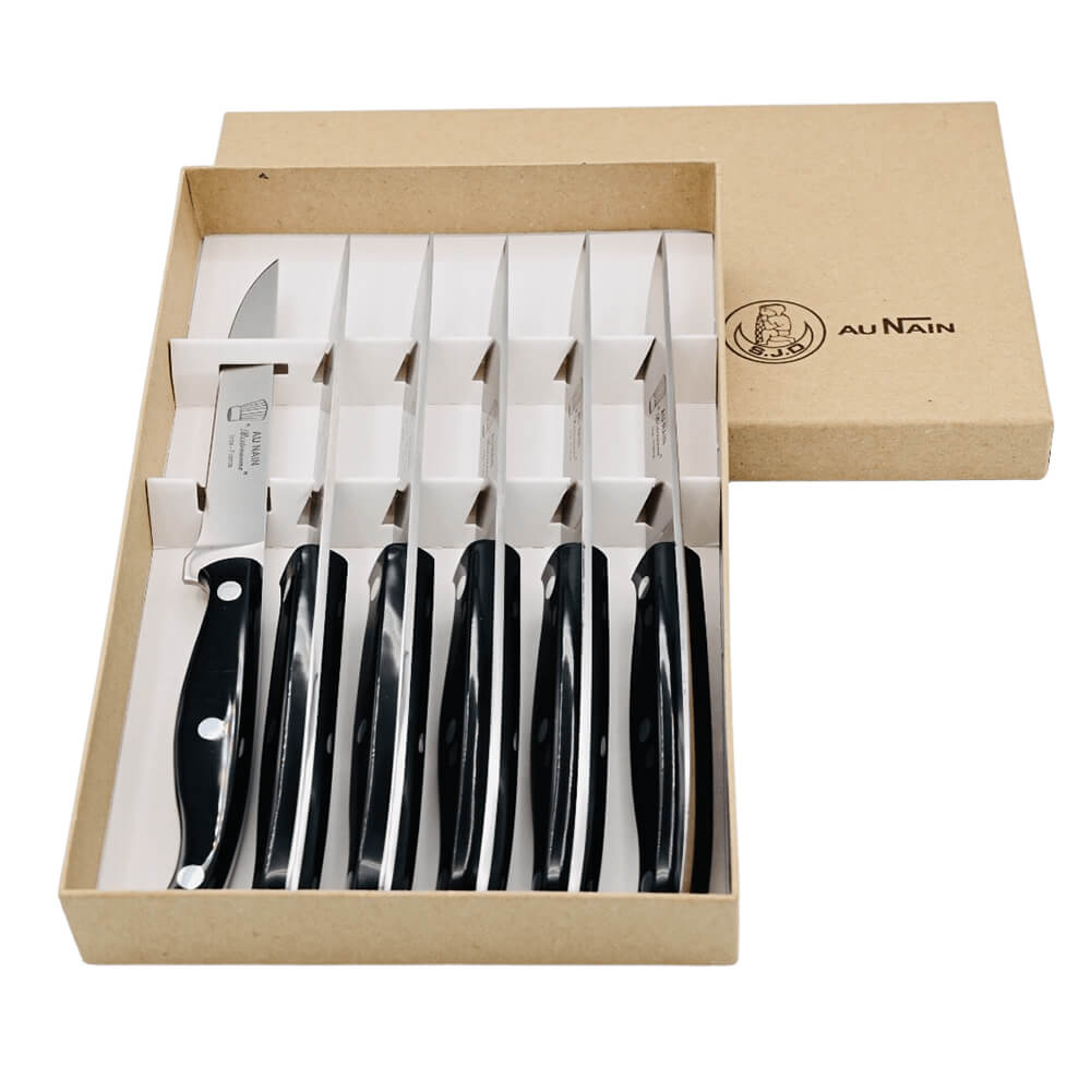 Coffret présentant 6 couteaux à steak avec manche noir de la collection Bistronome de la coutellerie Au Nain