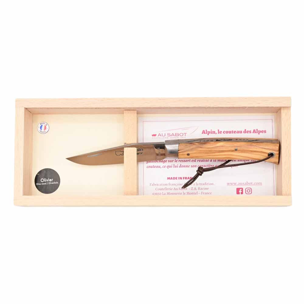 Coffret Plumier avec Couteau pliant Alpin Manche en Bois d'Olivier, Mitre et Lien en Cuir - Au Sabot
