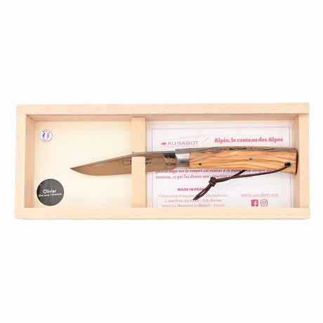 Coffret Plumier avec Couteau pliant Alpin Manche en Bois d'Olivier, Mitre et Lien en Cuir - Au Sabot